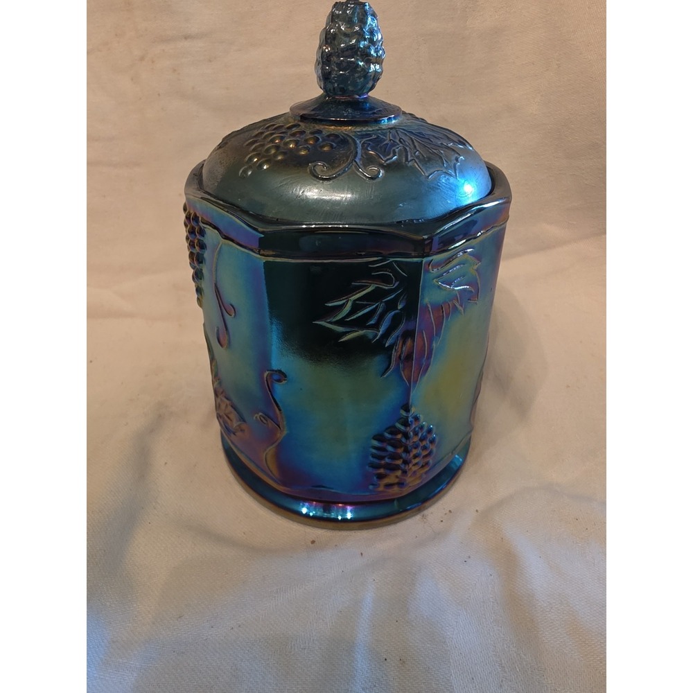 Indiana Blue Iridescent Carnival Glass Harvest Grape Covered Candy Jar. No Chips